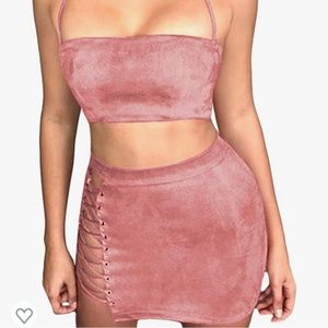 Faux Suede Two Piece Pink Lace Up Skirt Set